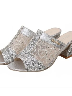 Elegant Glitter Chunky Heel Open Toe Mules - Image 5