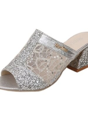 Elegant Glitter Chunky Heel Open Toe Mules - Image 6