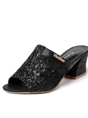 Elegant Glitter Chunky Heel Open Toe Mules - Image 8