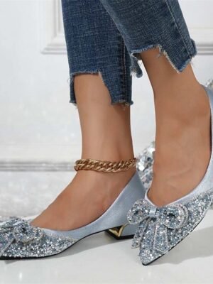Elegant Glitter Pointed Toe Bow Detail Low-Heel Flats - Image 1