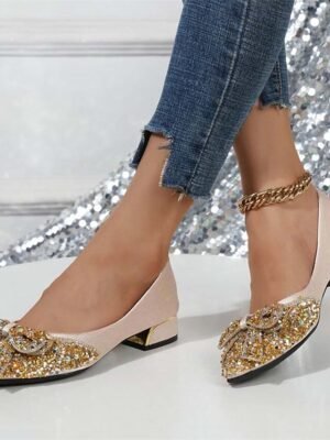 Elegant Glitter Pointed Toe Bow Detail Low-Heel Flats - Image 12