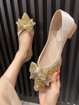 Elegant Glitter Pointed Toe Bow Detail Low-Heel Flats - Image 13