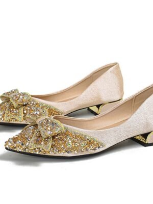 Elegant Glitter Pointed Toe Bow Detail Low-Heel Flats - Image 14