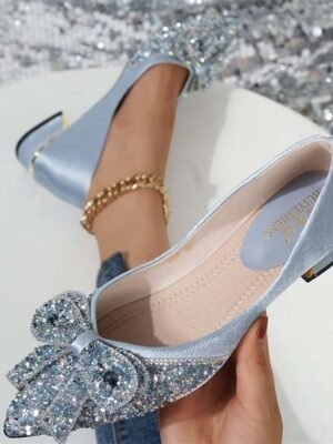 Elegant Glitter Pointed Toe Bow Detail Low-Heel Flats - Image 2