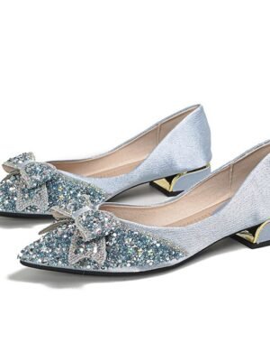 Elegant Glitter Pointed Toe Bow Detail Low-Heel Flats - Image 3