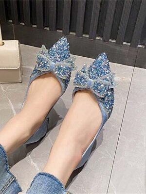 Elegant Glitter Pointed Toe Bow Detail Low-Heel Flats - Image 5