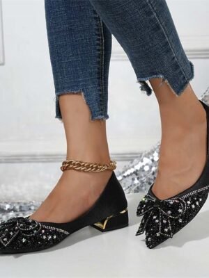 Elegant Glitter Pointed Toe Bow Detail Low-Heel Flats - Image 7