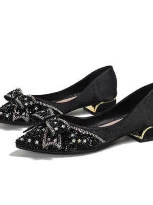 Elegant Glitter Pointed Toe Bow Detail Low-Heel Flats - Image 9