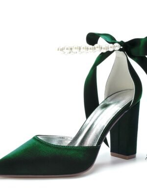 Elegant Green Satin Pointed Toe Ankle Strap Block Heel Heels - Image 1