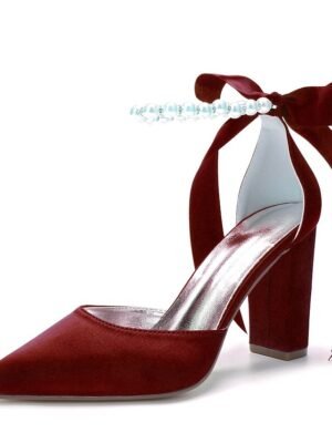 Elegant Green Satin Pointed Toe Ankle Strap Block Heel Heels - Image 11