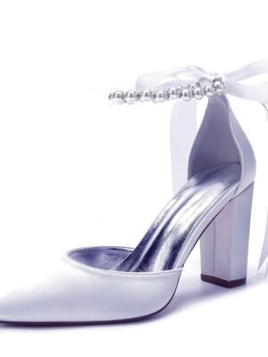 Elegant Green Satin Pointed Toe Ankle Strap Block Heel Heels - Image 12