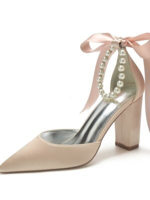 Elegant Green Satin Pointed Toe Ankle Strap Block Heel Heels - Image 13