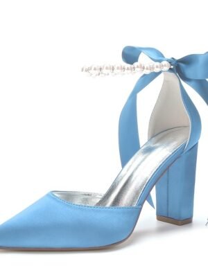 Elegant Green Satin Pointed Toe Ankle Strap Block Heel Heels - Image 14