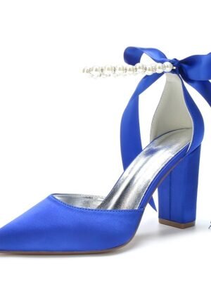 Elegant Green Satin Pointed Toe Ankle Strap Block Heel Heels - Image 16