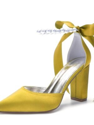 Elegant Green Satin Pointed Toe Ankle Strap Block Heel Heels - Image 19