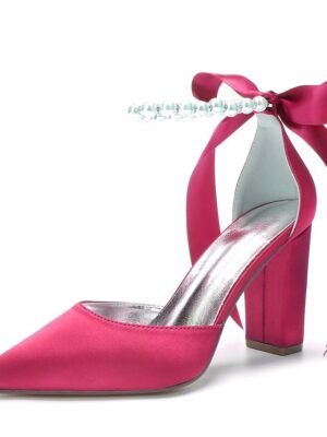 Elegant Green Satin Pointed Toe Ankle Strap Block Heel Heels - Image 20