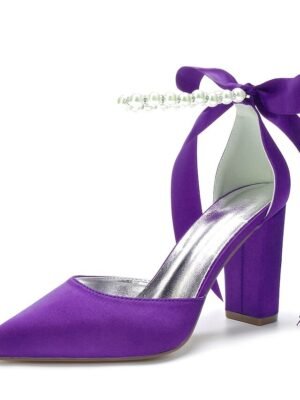 Elegant Green Satin Pointed Toe Ankle Strap Block Heel Heels - Image 21