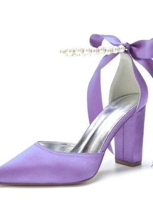 Elegant Green Satin Pointed Toe Ankle Strap Block Heel Heels - Image 22