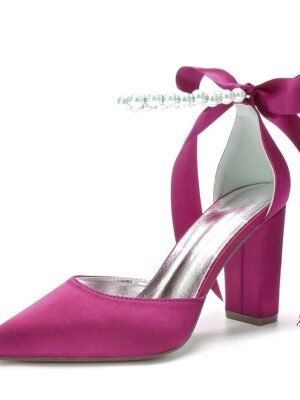 Elegant Green Satin Pointed Toe Ankle Strap Block Heel Heels - Image 23