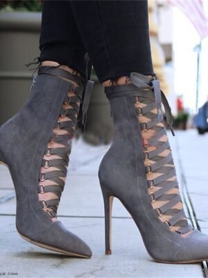 Elegant Grey Suede Lace-Up Pointed Toe Ankle Boots - Image 1