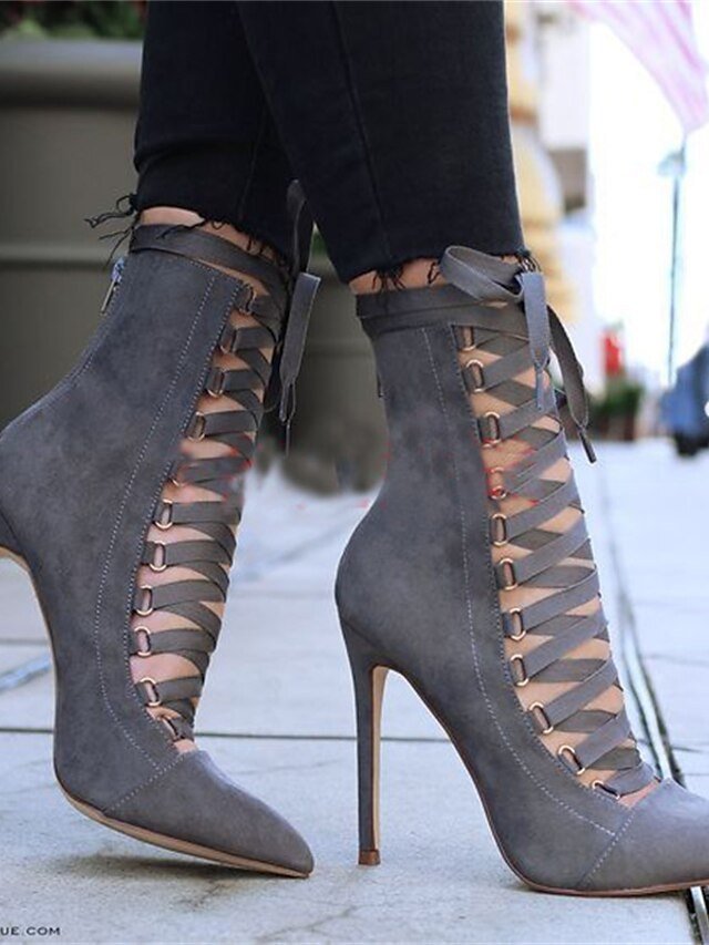 Elegant Grey Suede Lace-Up Pointed Toe Ankle Boots - Image 1