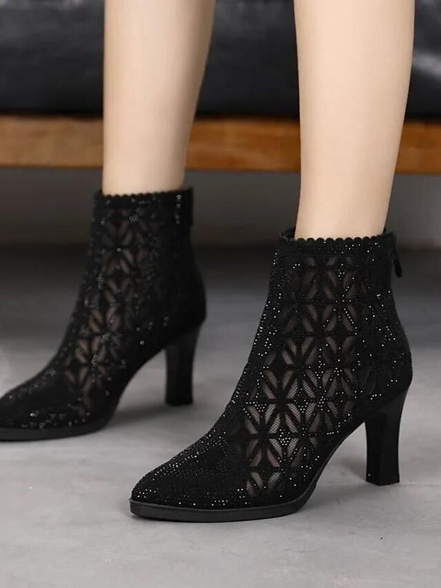 Elegant High-Heel Black Mesh Rhinestone Ankle Boots - Image 1