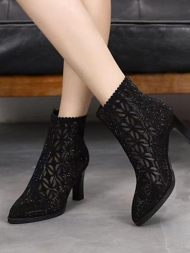 Elegant High-Heel Black Mesh Rhinestone Ankle Boots - Image 2