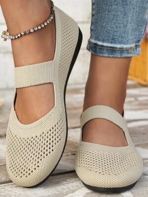 Elegant Knit Beige Breathable Flats with Strap - Image 1