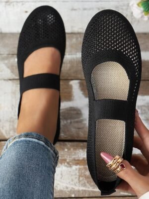 Elegant Knit Beige Breathable Flats with Strap - Image 5