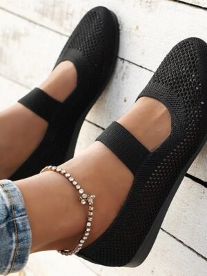 Elegant Knit Beige Breathable Flats with Strap - Image 6