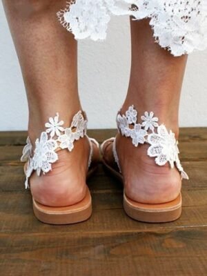 Elegant Lace Floral Embellished Flat Bridal Sandals - Image 6