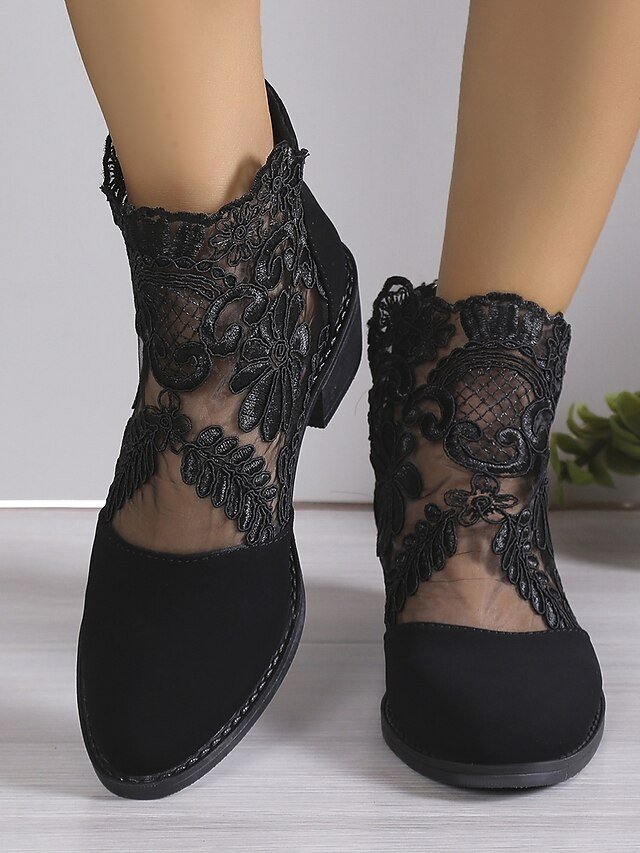 Elegant Lace Floral Mesh Ankle Boots with Low Block Heel - Image 2