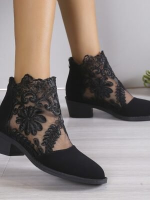 Elegant Lace Floral Mesh Ankle Boots with Low Block Heel - Image 3