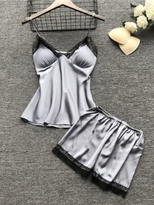 Elegant Loose Pure Colour Strap Neck Short Sleeve Silk Pyjama Set - Image 8