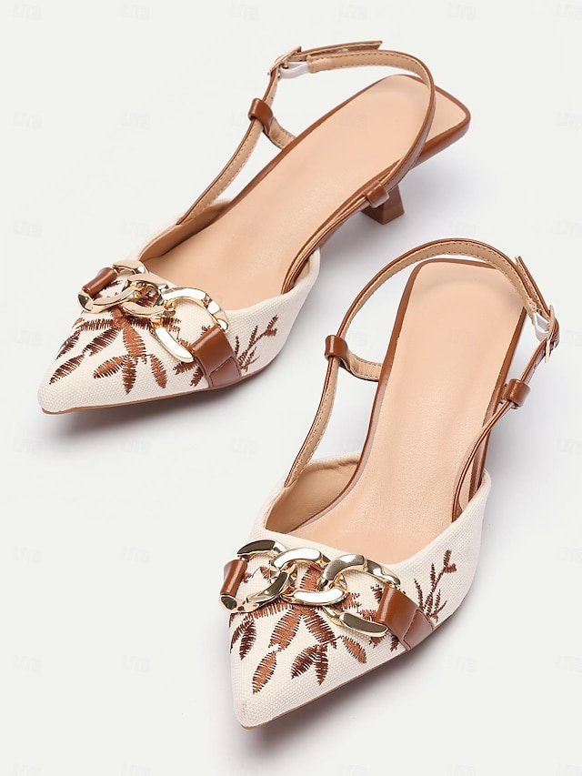 Elegant Low Heel Embroidered Slingback Chain Detail Pumps - Image 1