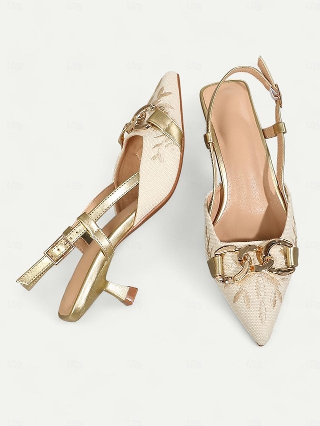 Elegant Low Heel Embroidered Slingback Chain Detail Pumps - Image 2