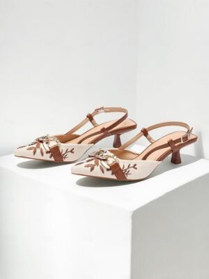 Elegant Low Heel Embroidered Slingback Chain Detail Pumps - Image 3