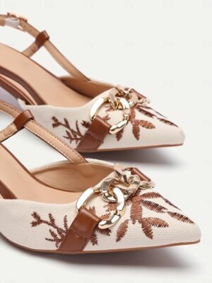 Elegant Low Heel Embroidered Slingback Chain Detail Pumps - Image 4