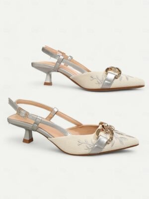 Elegant Low Heel Embroidered Slingback Chain Detail Pumps - Image 8