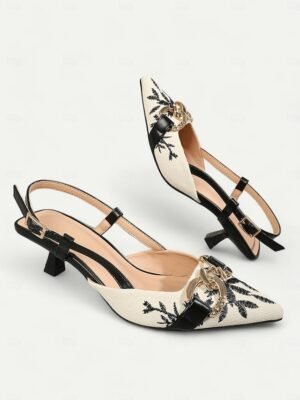 Elegant Low Heel Embroidered Slingback Chain Detail Pumps - Image 9