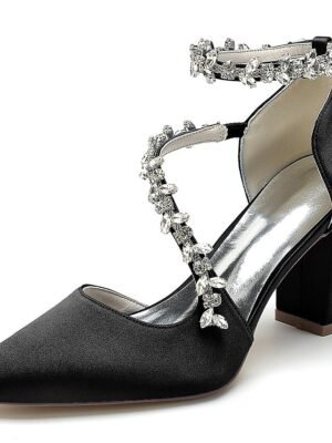 Elegant Luxurious Rhinestone Chunky Heel Satin Ankle Strap Pumps - Image 14