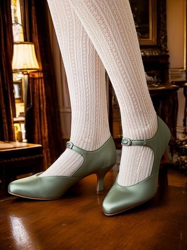 Elegant Mid-Heel Round Toe Satin Mary Jane Heels - Image 1