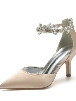 Elegant Mid Heel Silver Satin Rhinestone Pointed-Toe Wedding Heels - Image 10