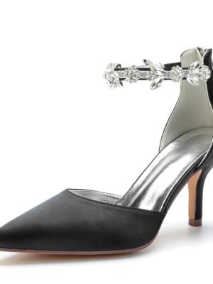 Elegant Mid Heel Silver Satin Rhinestone Pointed-Toe Wedding Heels - Image 11
