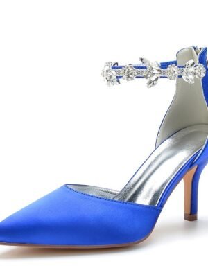 Elegant Mid Heel Silver Satin Rhinestone Pointed-Toe Wedding Heels - Image 12