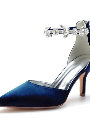 Elegant Mid Heel Silver Satin Rhinestone Pointed-Toe Wedding Heels - Image 13