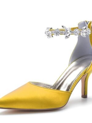 Elegant Mid Heel Silver Satin Rhinestone Pointed-Toe Wedding Heels - Image 17