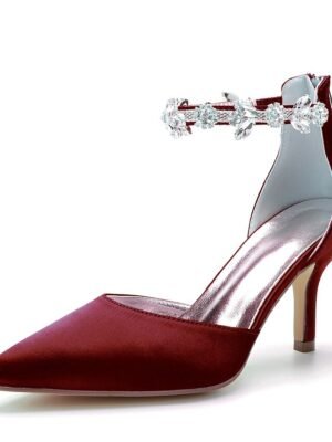 Elegant Mid Heel Silver Satin Rhinestone Pointed-Toe Wedding Heels - Image 18