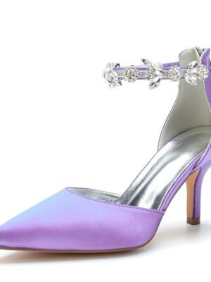 Elegant Mid Heel Silver Satin Rhinestone Pointed-Toe Wedding Heels - Image 22