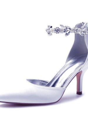 Elegant Mid Heel Silver Satin Rhinestone Pointed-Toe Wedding Heels - Image 6